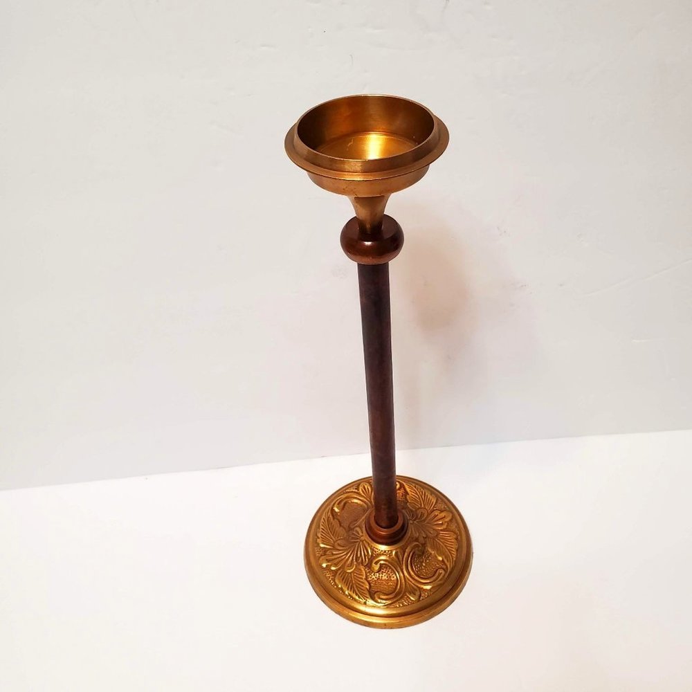 Vintage Brass and Copper Candle Holder, Brass Candlestick, Embossed Leaf Design